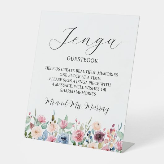 Jenga Bruiloft Gastenboek Elegante Blush Rozen Reclamebord Met Voetstuk (Voorkant)