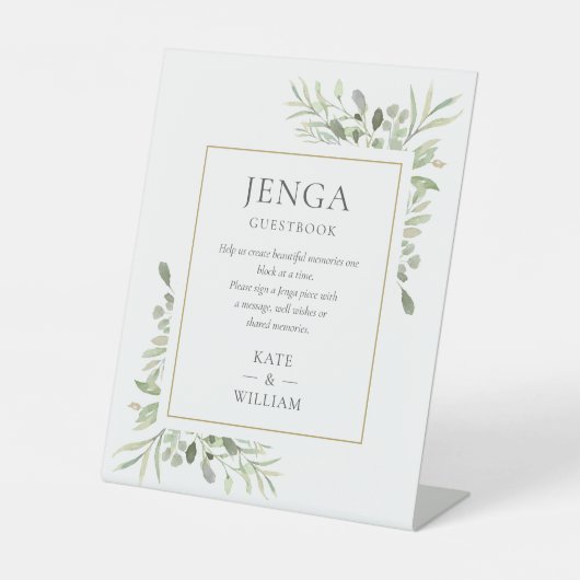 Jenga bruiloft gastenboek Waterverf groen Reclamebord Met Voetstuk (Voorkant)