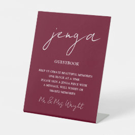 Jenga-gastenboek bordeauxrood minimalistisch schri reclamebord met voetstuk