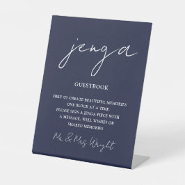 Jenga-gastenboek in navyblauw minimalistisch schri reclamebord met voetstuk