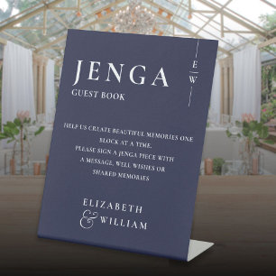 Jenga-gastenboek Navy Blue Minimalistisch Modern Reclamebord Met Voetstuk