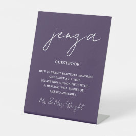 Jenga-gastenboek Paarse Minimalistische Script Reclamebord Met Voetstuk