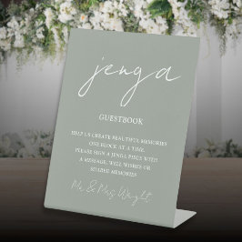 Jenga-gastenboek Sage Green Minimalistische Script Reclamebord Met Voetstuk