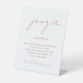 Jenga-gastenboek Stof Roze Minimalistische Script Reclamebord Met Voetstuk