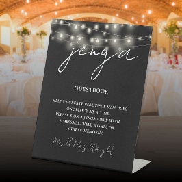 Jenga-gastenboek zwart-wit slingerlichtjes reclamebord met voetstuk