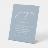 Jenga Guestbook Dusty Blue Minimalist Script Reclamebord Met Voetstuk (Voorkant)