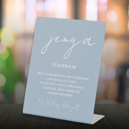 Jenga Guestbook Dusty Blue Minimalist Script Reclamebord Met Voetstuk