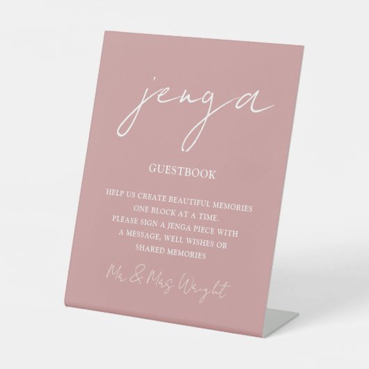 Jenga Guestbook Dusty Roos Minimalistisch Script Reclamebord Met Voetstuk (Voorkant)