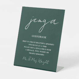 Jenga Guestbook Emerald Green Minimalist Script Reclamebord Met Voetstuk