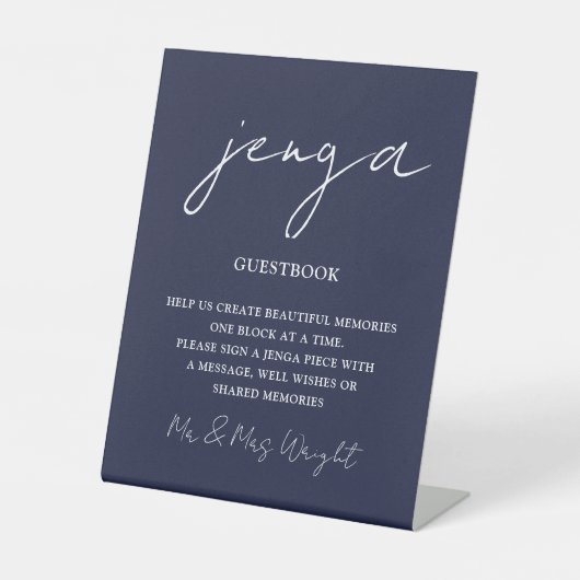 Jenga Guestbook Navy Blue Minimalist Script Reclamebord Met Voetstuk (Voorkant)