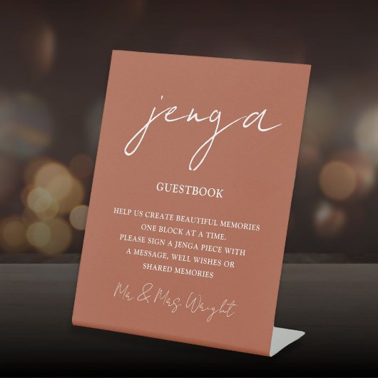 Jenga Guestbook Terracotta Minimalistisch Script Reclamebord Met Voetstuk