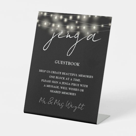 Jenga Guestbook Zwart-wit String Lights Reclamebord Met Voetstuk (Voorkant)