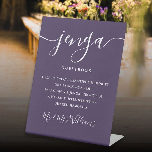 Jenga trouwgastboek Elegant Schrift Paars Reclamebord Met Voetstuk