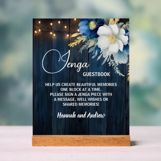 Jenga Wedding Guestbook String Lights Bloemen Acryl Bord (Neutraal)