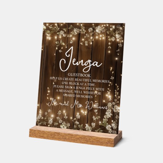 Jenga Wedding Guestbook String Lights Hout Acryl Bord (Hoek)
