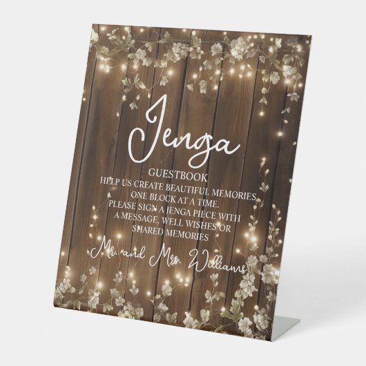 Jenga Wedding Guestbook String Lights Hout Reclamebord Met Voetstuk (Voorkant)