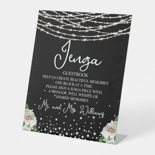 Jenga Wedding Guestbook String Lights Zwart Reclamebord Met Voetstuk (Voorkant)