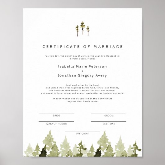JENNA Rustic Pine Tree Marriage Certificate Poster (Voorkant)