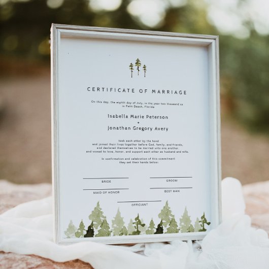 JENNA Rustic Pine Tree Marriage Certificate Poster