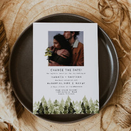 JENNA Rustic Pine Tree Wedding Reschedule Kaart