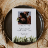 JENNA Rustic Pine Tree Wedding Reschedule Kaart