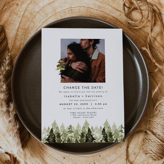 JENNA Rustic Pine Tree Wedding Reschedule Kaart