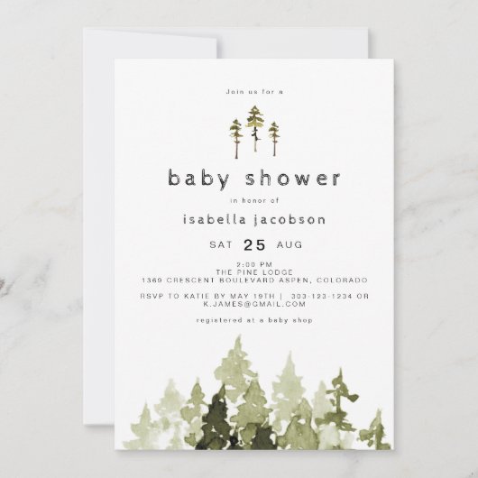JENNA Rustic Waterverf Pine Tree Baby shower Kaart (Voorkant)