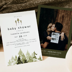 JENNA Rustic Waterverf Pine Tree Baby shower Kaart