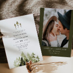 JENNA Rustic Waterverf Pine Tree Boho Wedding Kaart<br><div class="desc">Deze trouwuitnodiging bevat roestgroene waterverf dennenbomen en een bohemen handgeschreven lettertype. Geef alle formuleringen en doopvonten uit om uw trouwstijl aan te passen. Verander de foto op de rug om een persoonlijke aanraking toe te voegen. Deze trouwuitnodiging is perfect voor je berg- of bosbruiloft.</div>
