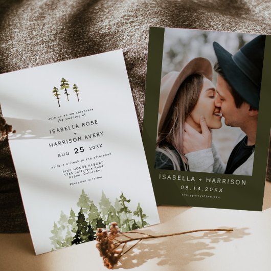JENNA Rustic Waterverf Pine Tree Boho Wedding Kaart