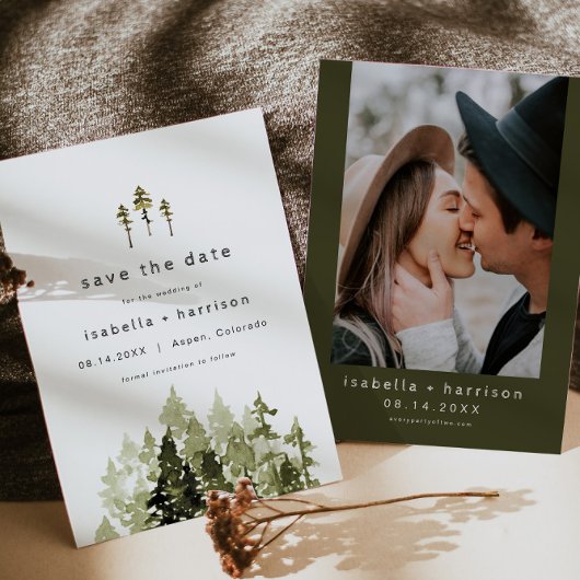 JENNA Rustic Waterverf Pine Tree Save the Date Kaart