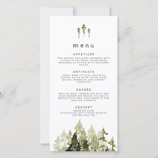 JENNA Rustic Waterverf Pine Tree Wedding Menu (Voorkant)