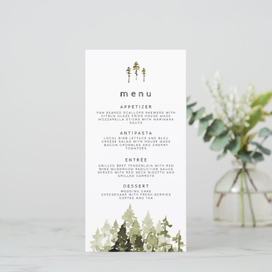 JENNA Rustic Waterverf Pine Tree Wedding Menu (Staand voorkant)