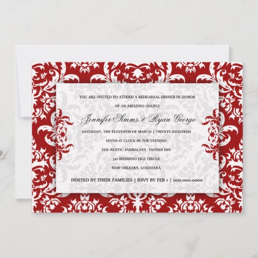 Jennifer Red Velvet Damask Invitation Kaart (Voorkant)