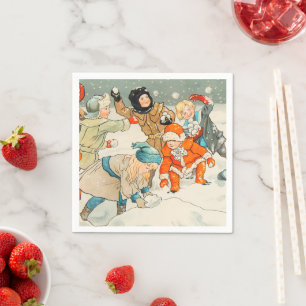 Jenny Nystrom, kinderen spelen in sneeuw, Kerstmis Servet