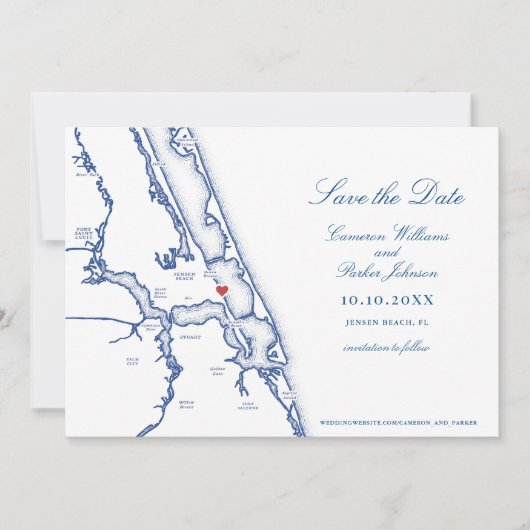Jensen Beach FL Kaart Elegante Navy Blue Wedding (Voorkant)
