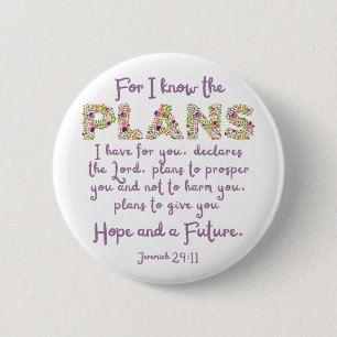 Jeremia 29:11 Paarse, bloemige letters Christelijk Ronde Button 5,7 Cm