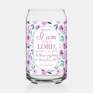 Jeremia 32:27 met paarse bloemen achtergrond blikvorm glas