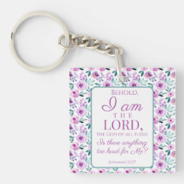 Jeremia 32:27 met paarse bloemen achtergrond sleutelhanger
