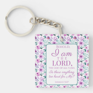 Jeremia 32:27 met paarse bloemen achtergrond sleutelhanger