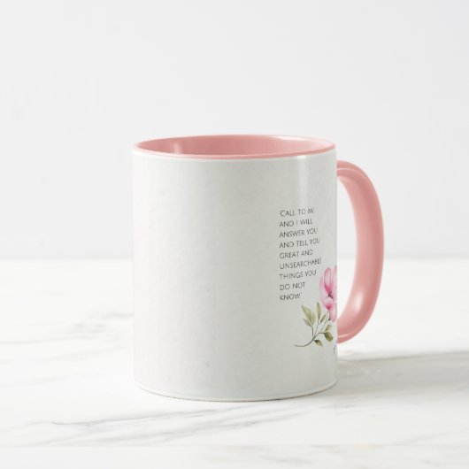 Jeremia 33:3, met roze roos op keramische mok (Voorkant rechts)