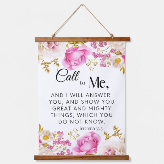 Jeremia 33:3 Roep Mij de Roze Bloemen Schrift Hangend Wandkleed (Voorkant)