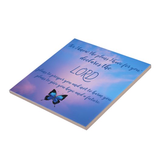 Jeremiah 29:11 Blue Butterfly Ceramic Tile Tegeltje (Zijkant)