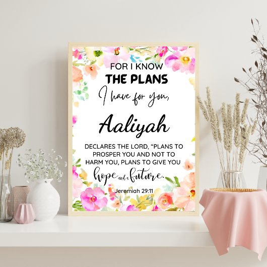 Jeremiah 29:11 Roze Bloemen Personaliseren Schrift Poster
