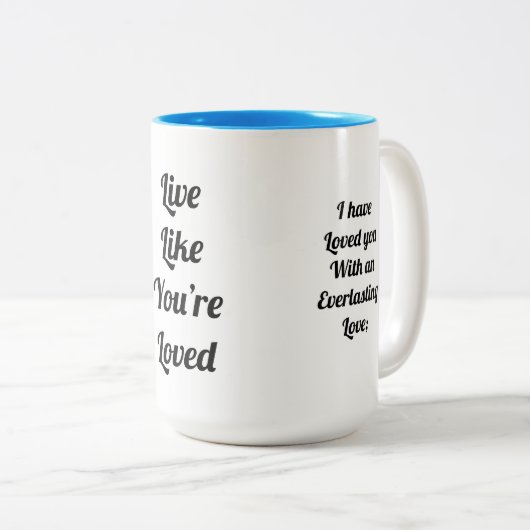 Jeremiah 31:3 God houdt van je! Mok met twee toona (Voorkant rechts)