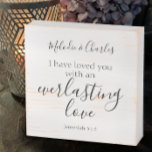 Jeremiah 31:3 Liefde Bijbel Verse Elegant aanpasse Houten Kist Print<br><div class="desc">U kunt een naam of namen toevoegen aan dit elegante witte en zwarte Bijbel Verse Sign. Alle tekst kan worden gewijzigd of gepersonaliseerd naar uw eigen namen, datums en tekst voor een mooi stijlvol bord. "I have love you with an everlasting love" is geschreven in moderne zwart stijlvolle typografie. Het...</div>