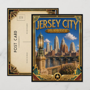 Jersey City New Jersey Vintage Art Deco Gouden Tij Briefkaart