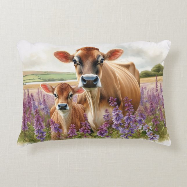 Jersey Koe en Kalf Wilde Bloem Accent Kussen (Voorkant)