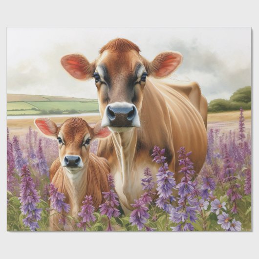 Jersey Koe en Kalf Wildflower Decoupage Cadeaupapier (Vlak)