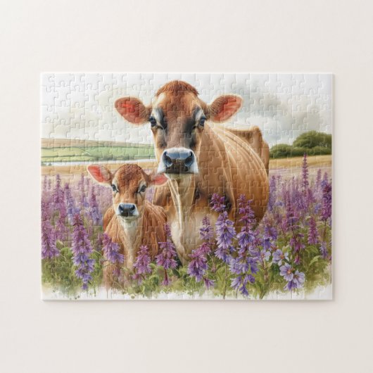 Jersey Koe en Kalf Wildflower Decoupage Legpuzzel (Horizontaal)